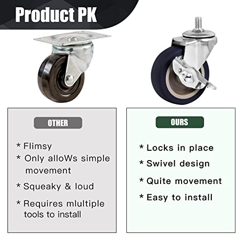 caster wheels 3 inch stem casters set of 4 heavy duty swivel wheel with brake metric size m8-125-15 screw diameter 8mm screw length 15mm casters for workbench trolley furniture dolly