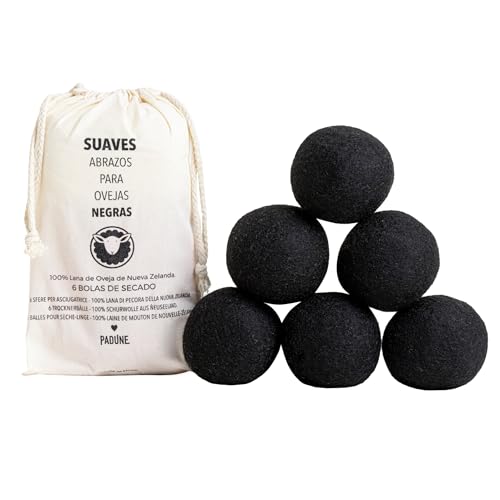 PADUNE® 6 Bolas de Lana Secadora 7cm+Bolsa | 100% Naturales y Reutilizables | Suavizan la ropa, reducen arrugas y tiempo de secado | Alternativa al suavizante de ropa y las bolas de plástico (Negro)