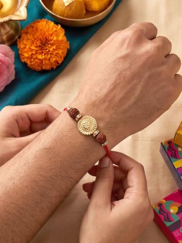 Image of Karatcart Rakhi for Brother Gold-Plated Kundan Rakhi Set of 2 with Roli Chawal