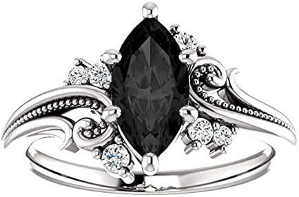 925 Sterling Silver Filigree Black Marquise Ring White Gold Finish, Floral Marquise Shape Onyx Black Diamonds Engagement Ring, Twig Leaf Ring,