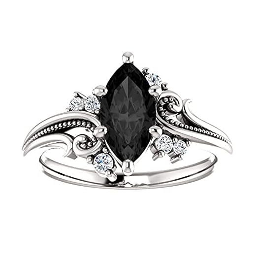 Filigree Black Marquise Ring White Gold, Floral Marquise Shape Onyx Black Simulated Diamonds Engagement Ring, Woodland Black Marquise Proposal Ring, Twig Leaf Ring (8)