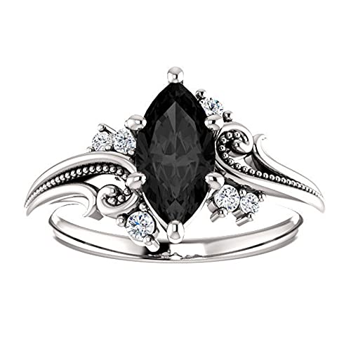 925 Sterling Silver Filigree Black Marquise Ring White Gold Finish, Floral Marquise Shape Onyx Black Diamonds Engagement Ring, Twig Leaf Ring,