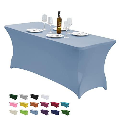 Image of CWK 8FT Waterproof Stretch Spandex Table Cover for Rectangular Tables - Elastic Fitted Tablecloth for Folding Tables,Wrinkle Resistant Table Cloth for Parties, Weddings, Banquets & Events (Sky Blue)