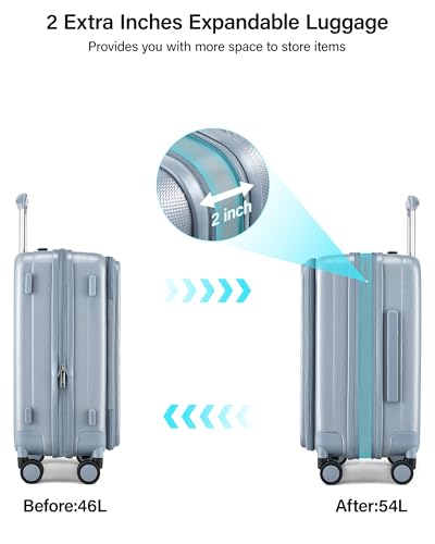 Image of Hanke 56cm Expandable Cabin Trolley Bag, 15.6 Inch Laptop Compartment, Top Opening Hard Shell Polycarbonate, 8 Durable Silent Spinner Wheels, Lightweight Carry On Suitcase for Women,Grey