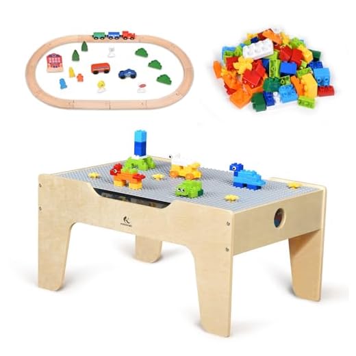 KRAND Kid's Multi-Purpose Activity Play Table with 60 Big Building Bricks and 30-Piece Wooden Train Set for Toddlers(Big-peg Baseplate Version)