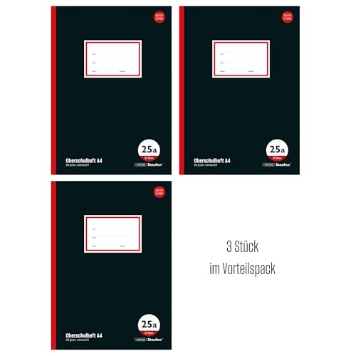 Staufen Style Oberschulheft - DIN A4, liniert mit 9cm Rand, 20 Blatt, extraweißes 90g/m² Qualitätspapier, 3 Stück