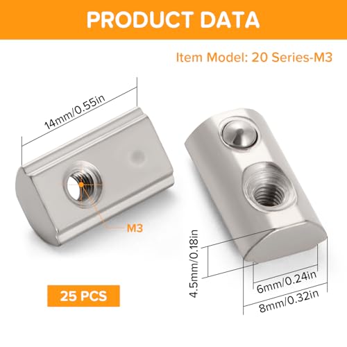 Lyeteung 25 Stücke 20 Serie M3 T-Federmuttern, Roll-In Feder T-Nuts, Halbrunde Rolle in Feder T-Nut, für Europäische Standard 20 Serie 6 mm T-Nut-Aluminium-Extrusionsprofil
