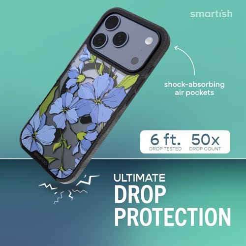 Image of Smartish iPhone 17 Pro MagSafe Clear Case - Gripmunk Magnetic Slim Case [Lightweight + Protective] Anti-Yellowing Thin Grip Clear Cover for Apple iPhone 17 Pro - Blue Blossoms