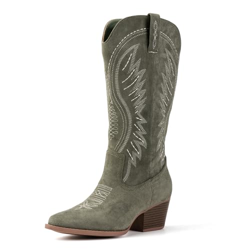 Image of Women's Western Cowboy Boots - Embroidered Ankle Booties with Chunky Block Heel, Side Zipper Suede Cowgirl Boots for Country Concert