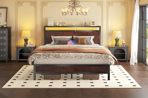 Image of Fluest Queen Bed Frame with Headboard & Footboard, Bed Frame with Built-in Charging Station & LED Light, Storage Shelf, Noise-Free, No Box Spring Needed, Easy Assembly, Coffee Brown