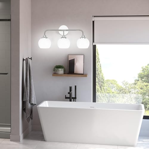 Image of Bathroom Light Fixtures, Chrome Modern 3-Lights Vanity Light Over Mirror, Globe Bathroom Lights with Milky White Glass Shade for Bedroom Living Room Farmhouse 22 inch