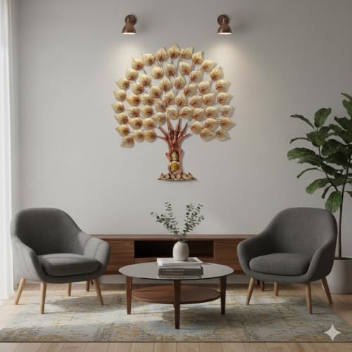 Image of Bharat Art Metal Iron Wall Art Decor for Home Bedroom Living room Cafe Interior Decorative | Elegant Wall Hanging Sculpture with LED Light | Gift Item | GOLDEN BUDHA TREE | 40x2x48 INCH | W041(A)
