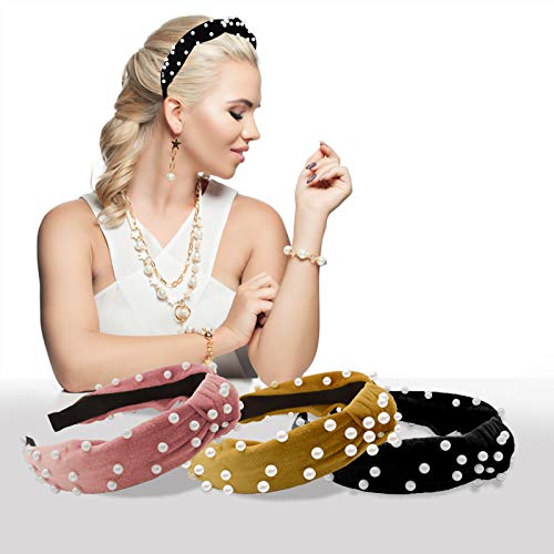 Headbands for Women and Girls,3 Pack Velvet Wide Headbands Knot Turban Hairband Vintage Head wrap with Faux Pearl Elastic Hair Hoops Fashion Hair by TECHSHARE Winter Accessories for Women