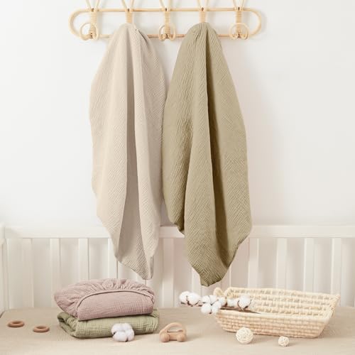 Image of Bearmoss Muslin Mini Crib Sheets for Pack N Play Mattress - 100% Cotton - 38 inchx26 inch Soft Breathable Playard Baby Crib Sheets Neutral for Boys Girls - 2 Pack (Oat Latte)