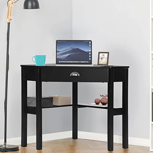 Corner Desk Corner Computer Desk With Drawer For Small Space Makeup Vanity Desk 90 Degrees Triangle Corner Desk With Storage Shelves, Home Office Workstation For Living Room, Or Bedroom (Black) #TOP1