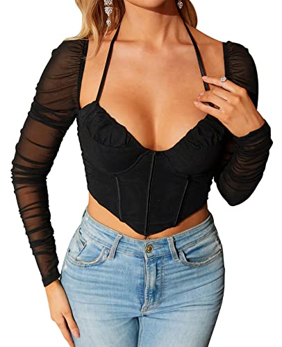 Htzmo Women's Long Sleeve Corset Crop Top Tie Up Halter Bustier Zip Boned Sexy Fashion Blouses #TOP25