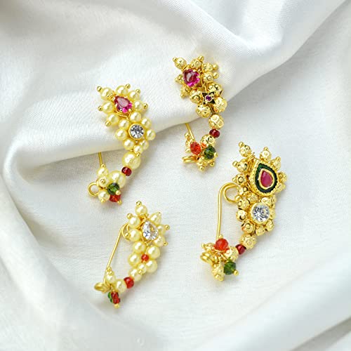 Image of Medium Size Traditional Maharashtrian Banu Nath Nose Stud without piercing Pearl Gold Plated Nath Combo Clip On Nose Ring For Women