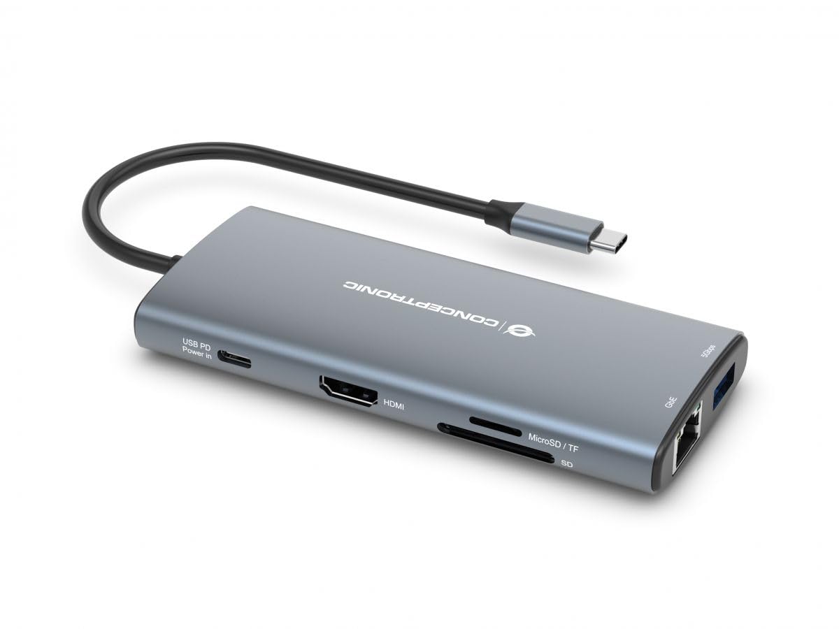 CONCEPTRONIC DONN06G 10 in 1 USB 3.2 Gen 1 Docking Station, HDMI, 100 W USB PD, USB-C 5 Gbps x 2, USB-A 5 Gbps x 3, SD, TF/MicroSD, GbE