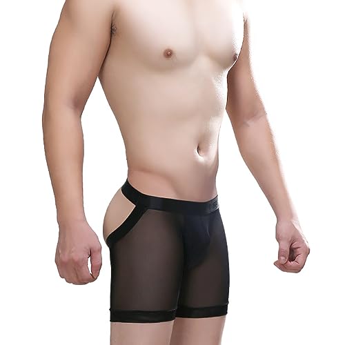 Men's Sexy Boxer Shorts See Through Thin Mesh Breathable Bikini Low Rise Pants Open Hip Cut Out Underwear2