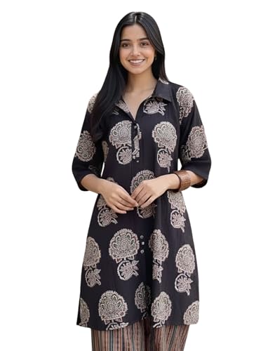 Image of Leriya Fashion Women's Rayon Kurta Pant Set | Casual Style Ethnic Co-ord Set for Women Stylish | Black Print Kurti for Office & Daily Travel Outfit | Oversize Loose Fit Kurta Sets for Woman