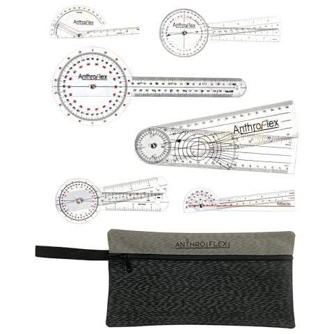 AnthroFlex Goniometer Set of 6 with Bag : 12", 8", 6", 180, Finger, Spinal - To Measure Range of Motion of Joints For Physical Therapy and Occupational Therapy - CM and Inches, Made of Durable Plastic Cover