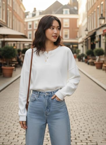 Image of Zilcon Full Sleeve Waffle (Wool) Oversized Tshirt for Women, Button Down Neck Longline Drop Shoulder Sweatshirt for Women