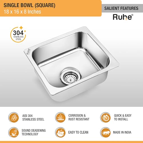 Image of Ruhe S04 Bowl Kitchen Sink, Bright Silver, Glossy Finish, 16x18x8 Inches