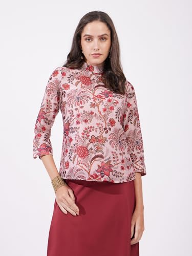 Image of FableStreet Women Formal Top | Asymmetrical Button Placket Band Collar Three-Quarter Sleeves | Pure Cotton Smooth Fabric for Office & Workwear