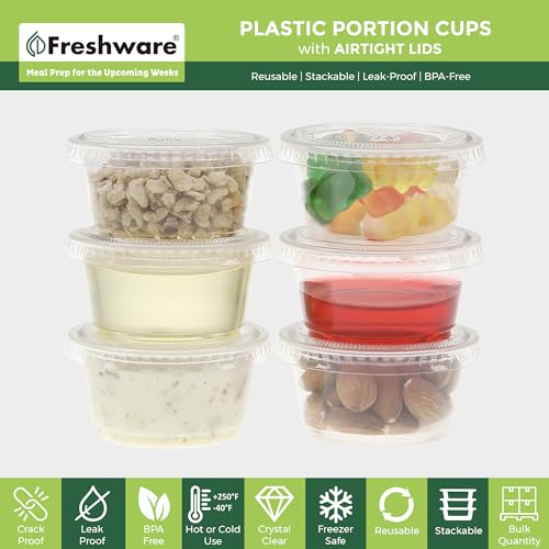 Image of Freshware Plastic Portion Cups with Lids [3.25 Ounce, 200 Sets] Disposable Plastic Cups for Meal Prep, Salad Dressing, Jellos Shot Cups, Souffle Cups, Condiment and Dipping Sauce Cups
