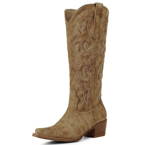 Foscape Brown Cowboy Boots for Women Knee High – Western Cowgirl Boots with Snip Toe, Side Zipper, Padded Embroidery, Chunky Heel, Womens Cowboy Boots for Festival, Daily Wear & Rodeo Size 7