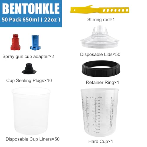 Disposable Paint Spray Gun Cup 50 Pack 22 Ounce(650ML) Disposable Mixing Cups for Automotive Spray Gun with 50 Liners and Lids System, with Retainer Ring, 2 Adapters for Paint Gun (22 Ounce- 50pack) by BENTOHKLE - Image 7