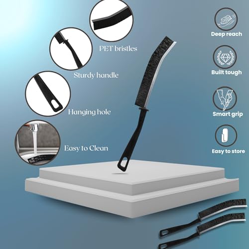 Image of Hard Bristle Crevice Cleaning Brush - Small Scrub Brush for Toilet, Grout, Shower Tile, and Narrow Gaps - Durable Grout Brush with PET Bristles, Ergonomic Handle, Easy Storage - 3 Pack