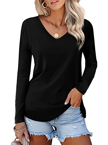 Beluring Damen V-Ausschnitt Langarm T-Shirts Elegante Baggy Süße Tops Schwarz L Cover