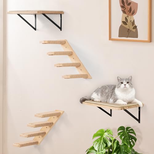 Katzen Kletterwand, Katzentreppe Wand 3er-Set mit 2 Kletterstufen & 2 Schlafplattform, Wandmontiertes Kiefernholz Katzenwandmöbel Set für Klettern Spielen Schlafen Katzen Kletterwand, Katzentreppe Wand 3er-Set mit 2 Kletterstufen & 2 Schlafplattform, Wandmontiertes Kiefernholz Katzenwandmöbel Set für Klettern Spielen Schlafen