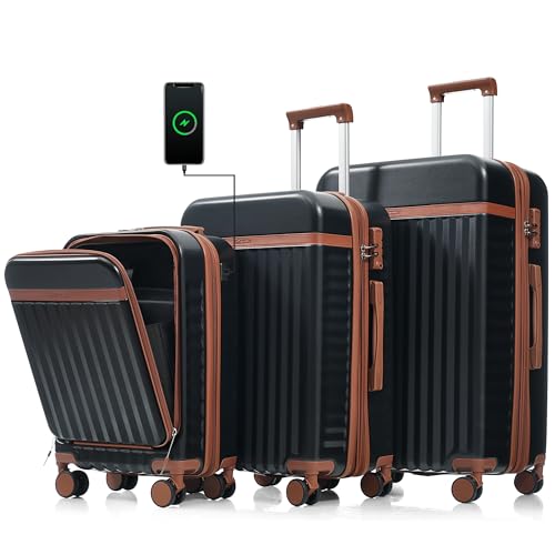 Image of Hardshell Luggage, Lightweight Suitcase with Spinner Wheels, BLACK+USB
