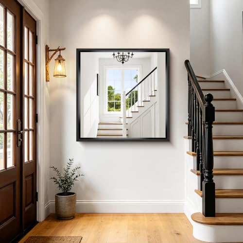 Image of Bathroom Mirror, 36 x 36 inch Brushed Black Square Mirrors for Wall | 0.6 inch Thickened Deep Frame Rectangle Mirrors for Over Sink, Shatterproof Tempered Glass, Antirust, Horizontally or Vertically