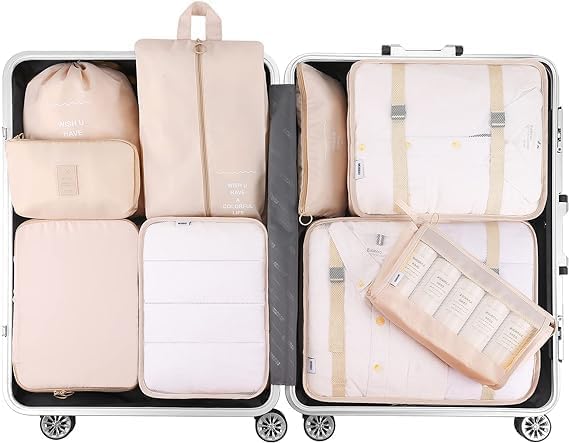 Image of polyester 7 Set Packing Cubes Luggage Packing Organizers For Travel Accessories storage organiser (beige)