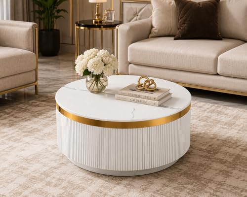 Image of Modern Round Centre Table - 76x76x46 cm | White Marble Top with Gold Accent Strip & Charcoal Louvers | Luxury Coffee & Tea Table for Living Room, Lounge & Entryway (White)