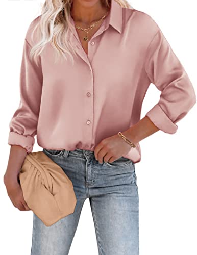 Beyove Women's Blouse Satin Silk V-Neck Shirts Elegant Long-Sleeved Business Tops with Buttons Tops Loose Long-Sleeved Shirt Pink M