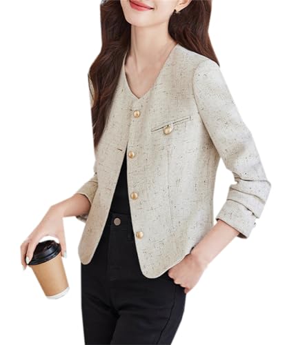 Cromoncent Women's Tweed Jackets Long Sleeve Button Down Business Casual Work Blazer