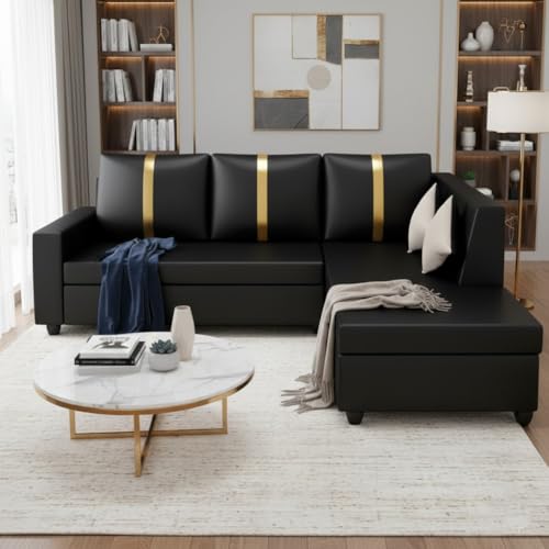 Image of FURNY Nathanoy 4 Seater Leatherette RHS L Shape Sofa Set (Black) Premium Finish | Ideal for Living Rooms