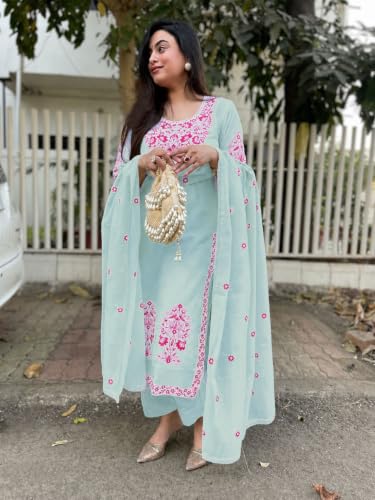 Image of GoSriKi Kurta Sets for Women Viscose Embroidered | Kurta Pant Dupatta Set | Straight Kurti Set for Women | Round Neck 3 /4 Sleeve Ethnic Suit | Designer Indian Kurti Outfit with Pants