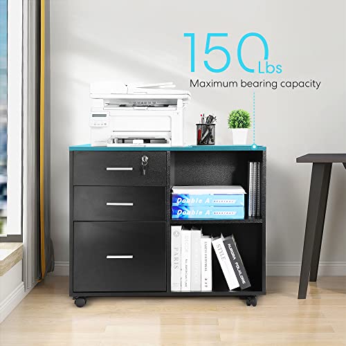 Vivohome Mobile File Cabinet With Open Storage Shelves, Rolling Printer Stand With Drawers, For A4 Or Letter Size Hanging File Folders, Black #TOP2