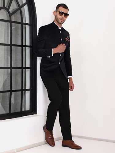 Image of MANQ Men Slim Fit Bandhgala Velvet Blazer - Mandarin Collar, Button Closure, Long Sleeves, Solid Ethnic Winter Wear with Three Pockets for Adults