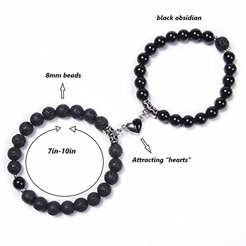 Leatic Magnetic Couple Bracelets Relationship Distance Bracelet Heart Energy Stone Beads Gemstone Beaded Agate Bracelet Matching Bracelets For Couples Friendship Best Friend Boyfriend And Girlfriend(Volcanic Lava+Black) #TOP1