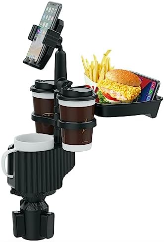 ITPY 5-in-1 Car Cup Holder with Removable Food Tray, 360° Rotation, Three Cup Holders, Width Adjustable, and Integrated Phone Holder - Essential Car Accessories