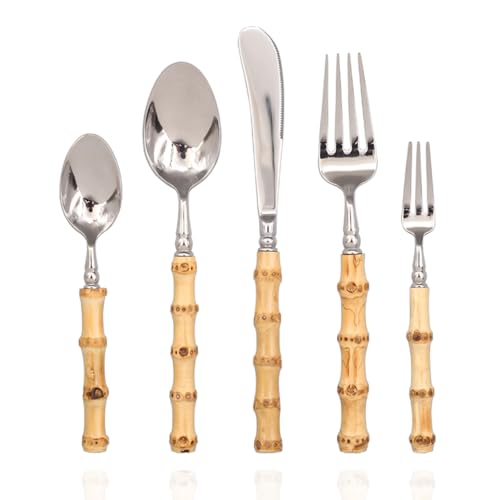 BLEWAR Bamboo Silverware Set 18/10 Stainless Steel Tableware Set Natural Flatware Spoon Fork Knives Bamboo Handle Cutlery for Kitchen Utensil Wedding Home Restaurant Party (5 piece for 1)