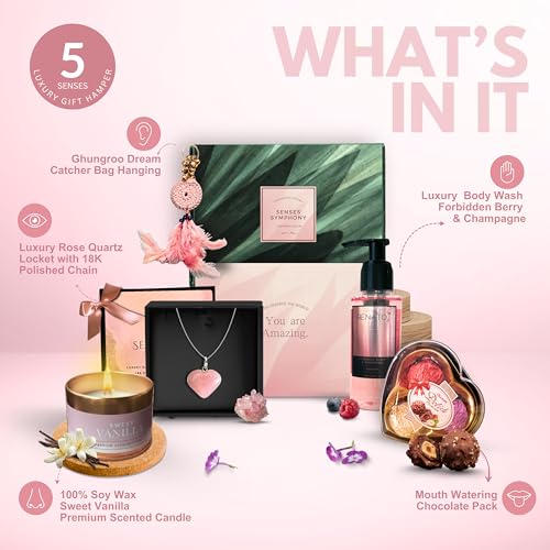 Image of 5 Senses Co. Luxury Gift Set for Women | Pack of 5 Gifts | Mothers Day Gift | Gift Hamper for Wife, Sister, Girlfriend, Mother | For Birthday , Anniversary, Rakhi & All Special Occasions | Consist of Candle, Luxurious Body Wash, Jewellery & More