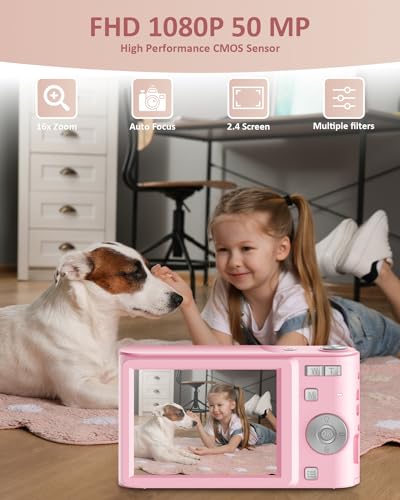 Upgrade Digital Camera, 50MP Full High Definition 1080P Camera with 16x Zoom Anti Shake, Compact Camera for Kid Student Children Teen Girl Boy, Kids Camera with 32GB SD Card,2 Batteries-Pink - Image 3