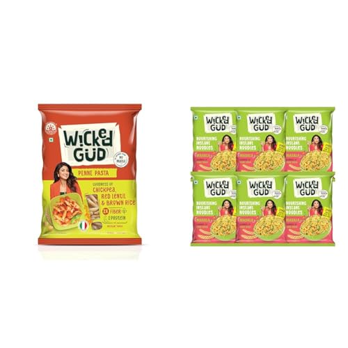 Image of WickedGud 2X Fiber Penne Pasta | No Maida | Durum Wheat Semolina | Brown Rice | Red Lentils | + WickedGud Nourishing Masala Instant Noodles, Pack of (69 gm x 6)| Healthy Noodles | Whole Wheat